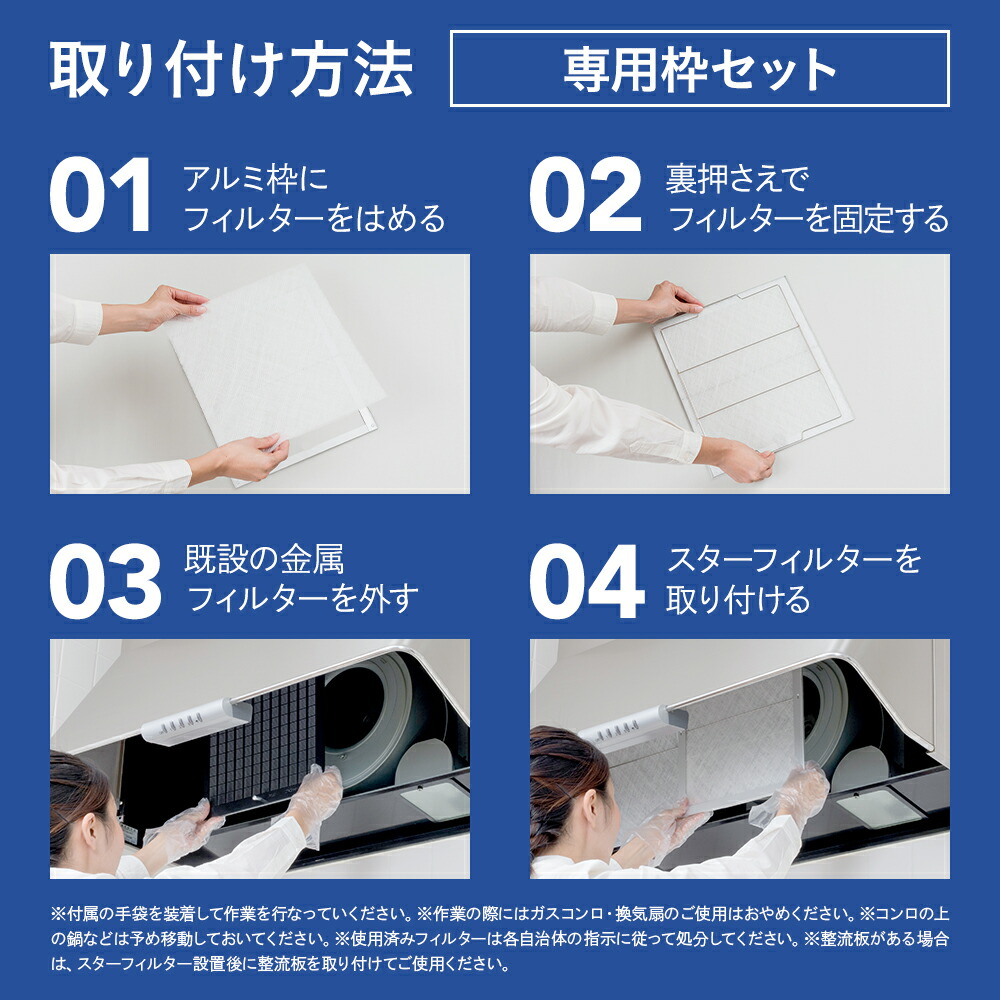 取り付け方の4つの写真。枠にフィルターをはめる、裏押さえで固定する、金属フィルターを外す、取り付ける