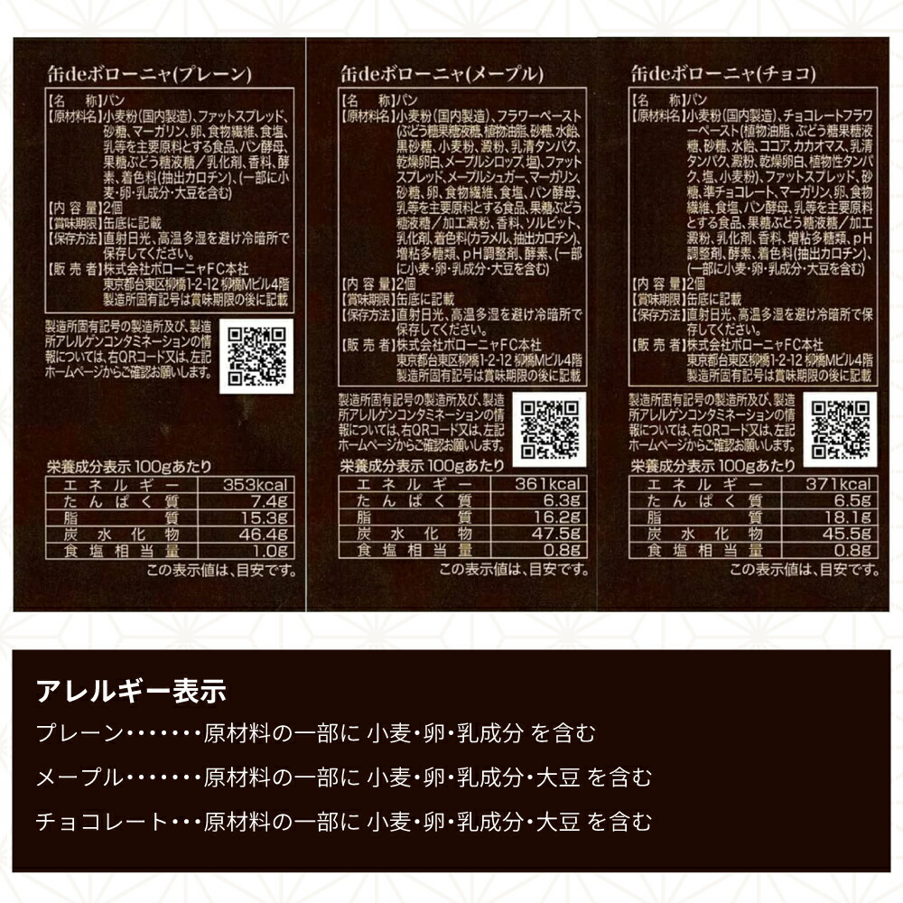 3つの味の原材料名・栄養成分(100gあたり)・アレルギーの表示
