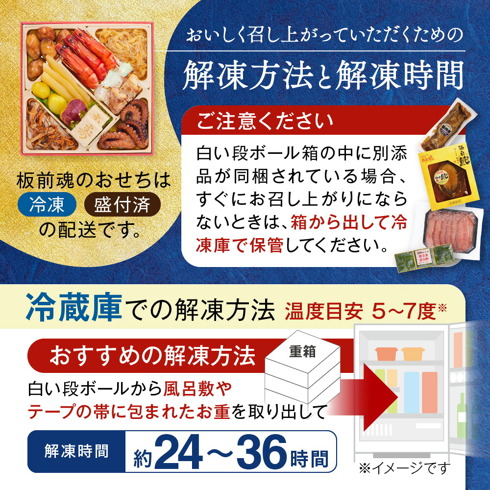 解凍方法の説明。白い段ボールから風呂敷かテープの帯に包まれたお重を出し、冷蔵庫(温度の目安5〜7度)で約24〜36時間