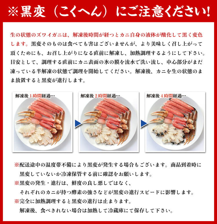 「黒変(こくへん)にご注意ください」の説明と、解凍して時間がたつにつれて黒くなっていく写真3枚