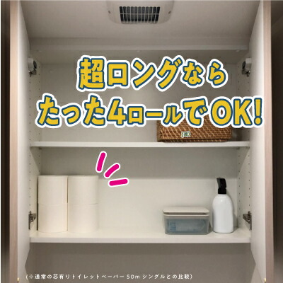 トイレの棚に、超ロングのロールを置いた写真。「超ロングならたった4ロールでOK!」の文字