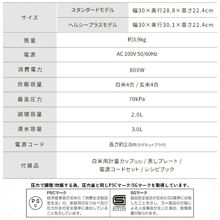 仕様の表。サイズ・質量約3.9kg・消費電力800W・炊飯容量・最高圧力70kPa・調理容量2.0L・満水容量3.0L・電源コード・付属品