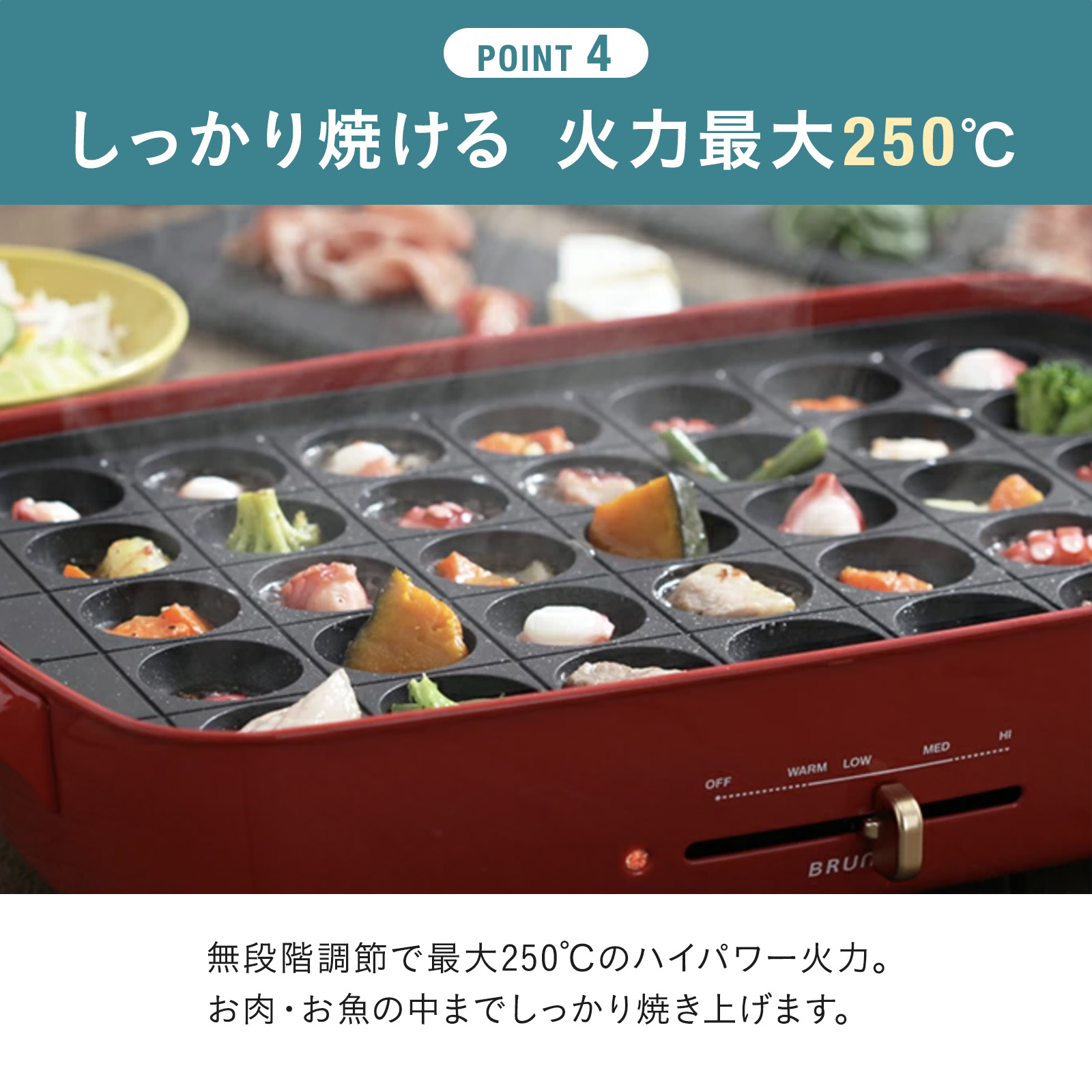 赤い本体でたこ焼きプレートを温める写真と温度のレバー。POINT4 火力最大250℃・無段階調節の文字